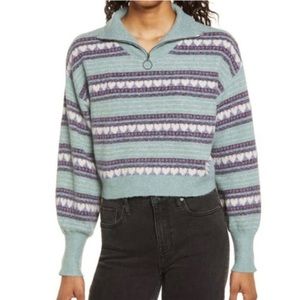 Nordstrom BP Green White Hearts Zip Neck Sweater